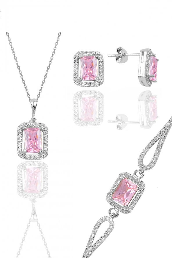 Gümüş rodyumlu pembe taşlı baget kesim üçlü set ürün görseli