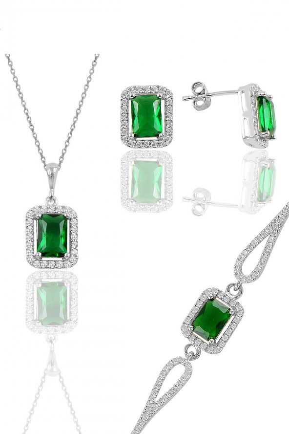 Gümüş rodyumlu kök zümrüt taşlı baget kesim üçlü set ürün görseli 1