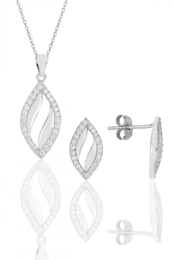 Gümüş rodyumlu zirkon taşlı mekik kolye ve kupe ikili set..