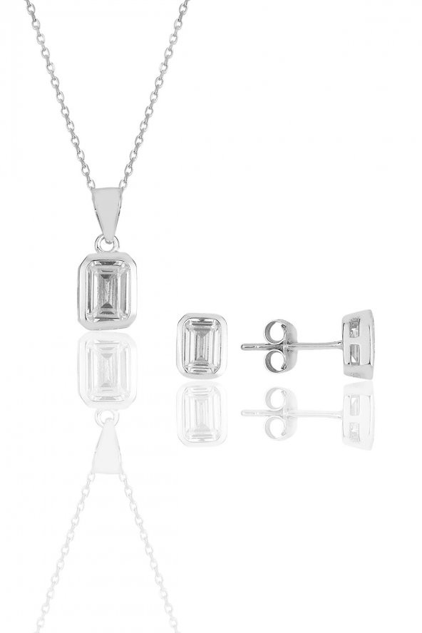 Gümüş rodyumlu baget kesim zirkon taşlı kolye kupe ikili set.. ürün görseli