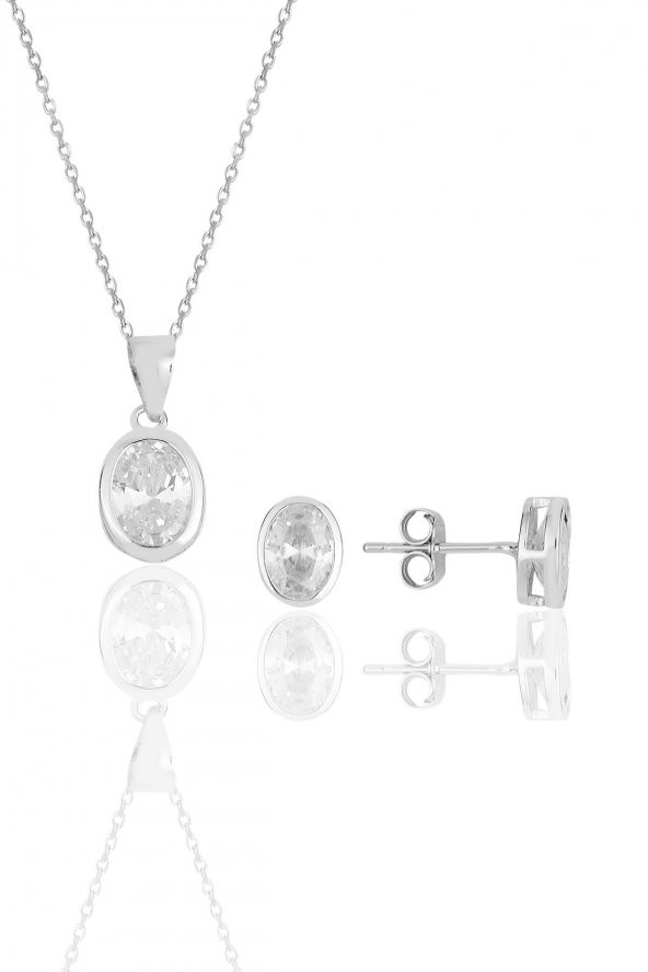 Gümüş rodyumlu oval kesim zirkon taşlı kolye kupe ikili set..