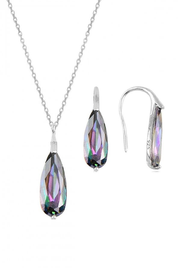 Gümüş rodyumlu  mistik  taşlı damla kolye ve küpe ikili gümüş set ürün görseli