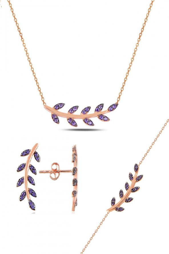 Gümüş rose mor taşlı yaprak üçlü set
