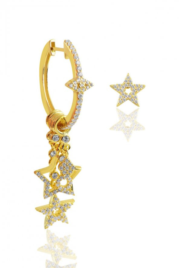 Gümüş altın yaldızlı zirkon taşlı lotus  şans küpesi ürün görseli 1