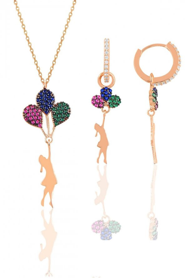 Gümüş rose balonlu kız kolye ve küpe gümüş set - 1