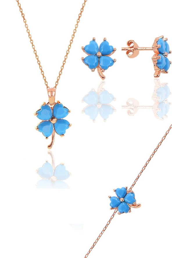 Gümüş rose turkuaz taşlı yonca modeli üçlü set SGTL10581TRKZ
