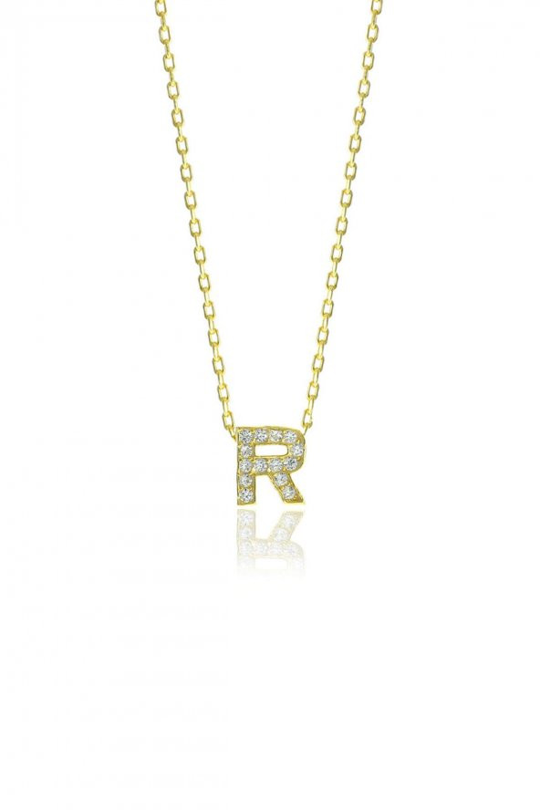 Gümüş  altın yaldızlı üç boyutlu minimal R gümüş harf kolye ürün görseli 1