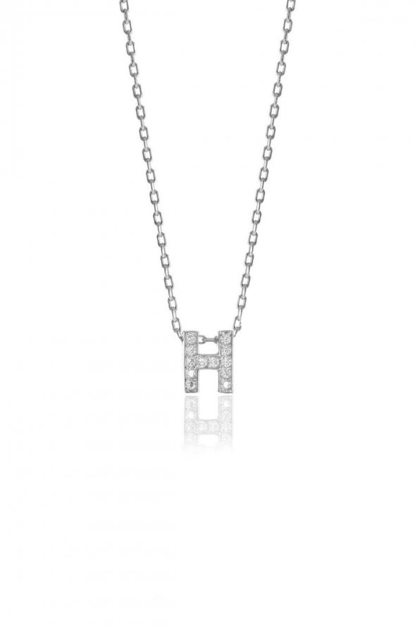 Gümüş  rodyumlu üç boyutlu minimal H gümüş harf kolye ürün görseli