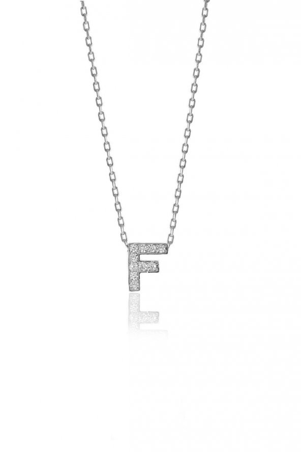Gümüş  rodyumlu üç boyutlu minimal F gümüş harf kolye ürün görseli 1
