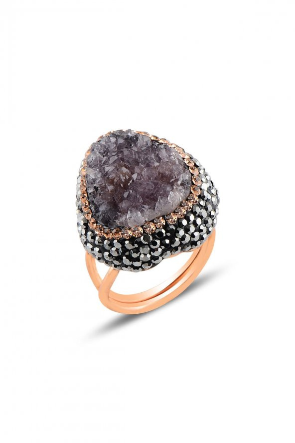 Gümüş rose ametis doğal kesimli alttan ayarlamalı gümüş yüzük ürün görseli