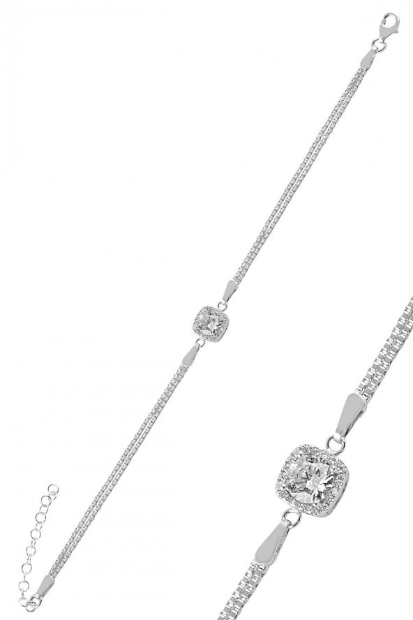 Gümüş zirkon taşlı pırlanta montürlü kare  gümüş bileklik ürün görseli