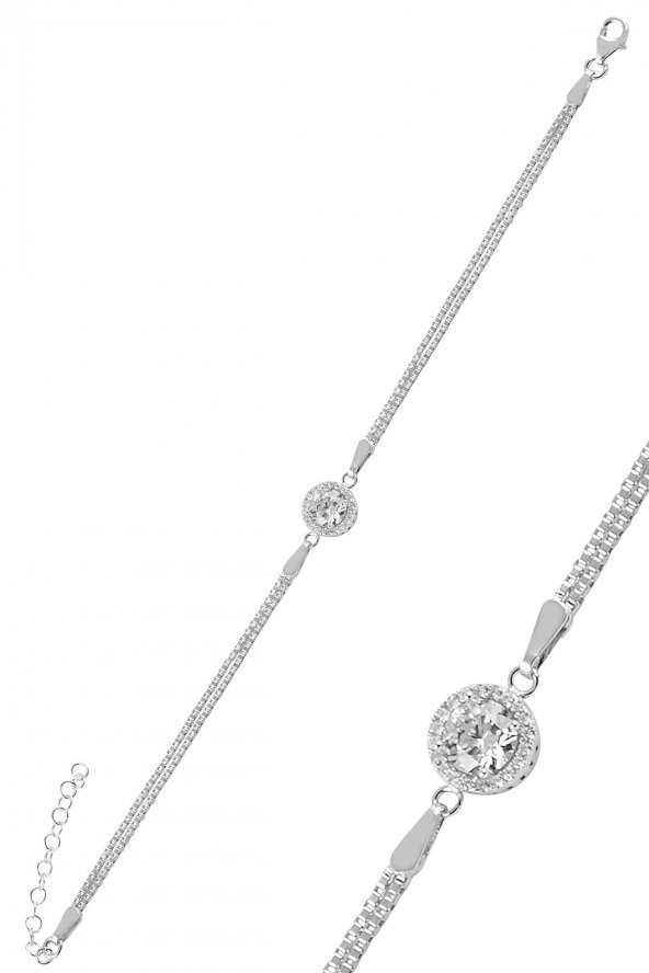 Gümüş zirkon taşlı pırlanta montürlü yuvarlak  gümüş bileklik ürün görseli