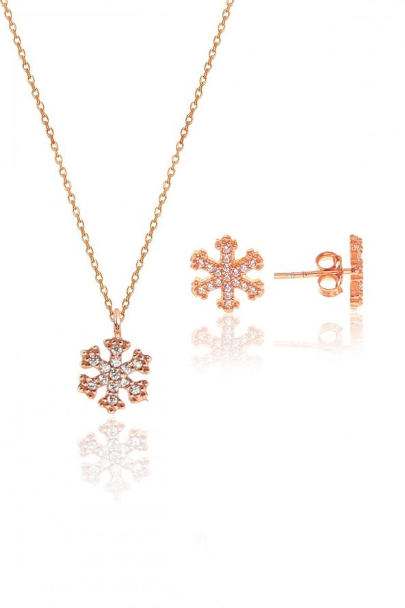 Gümüş rose zirkon taşlı kar tanesi kolye ve küpe gümüş ikili set - 1