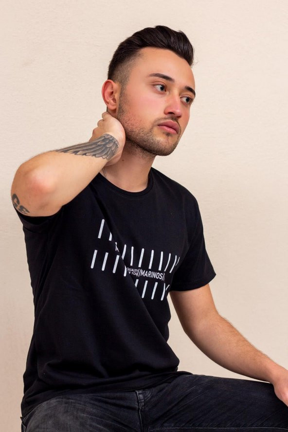 Siyah Çizgi Baskılı Normal Kesim Bisiklet Yaka Erkek Tişört 22ETSHMROS - 4