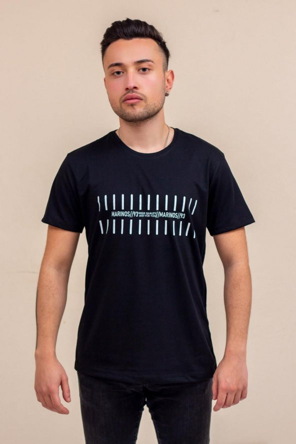 Siyah Çizgi Baskılı Normal Kesim Bisiklet Yaka Erkek Tişört 22ETSHMROS - 5