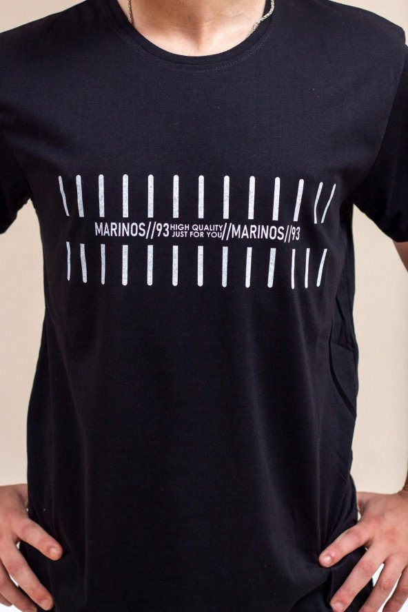 Siyah Çizgi Baskılı Normal Kesim Bisiklet Yaka Erkek Tişört 22ETSHMROS - 6