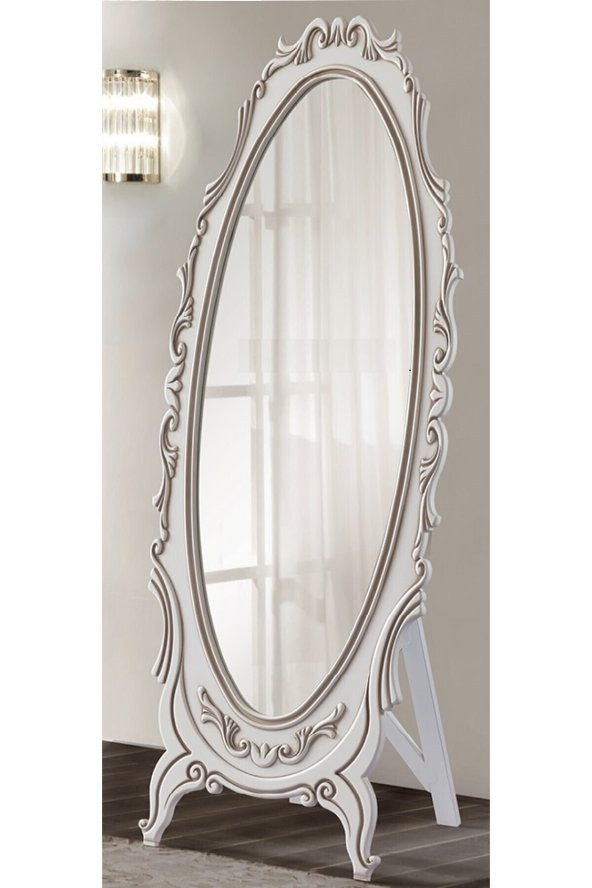 Hümas Dekoratif Eskitme Beyaz Oymalı Ahşap Oval Ayaklı Boy Aynası 177 x 68 Cm