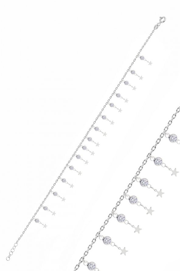 Gümüş rodyumlu zirkon taşlı çift sıra yıldız pullu halhal