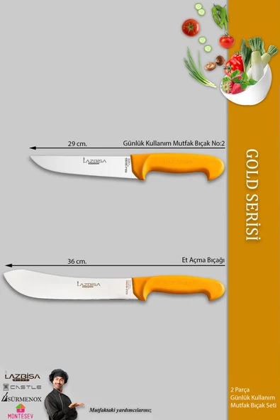 Lazbisa Gold Serisi Mutfak Bıçak Seti Et Tavuk Balık Açma Ekmek Sebze Şef Bıçağı 2 Li Set ( Mft-452) - 2