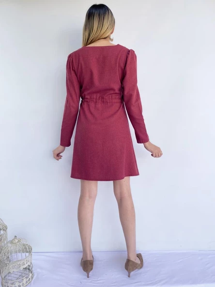 Kadın Yumuşak Doku Bel Ayarlamalı Bordo Elbise - 3