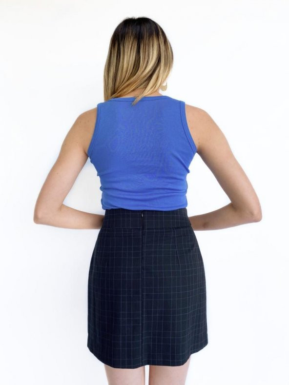 Kadın Bağlama Detay Ekoseli Lacivert Etek - 3