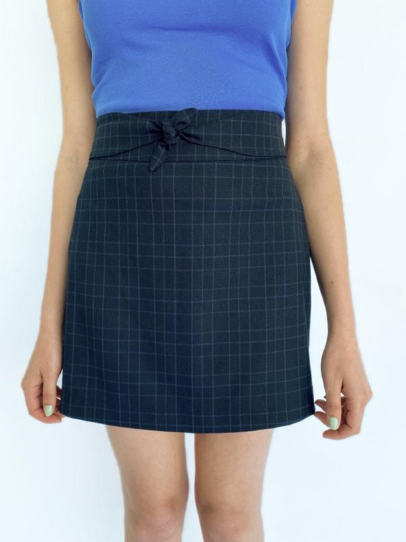 Kadın Bağlama Detay Ekoseli Lacivert Etek - 4