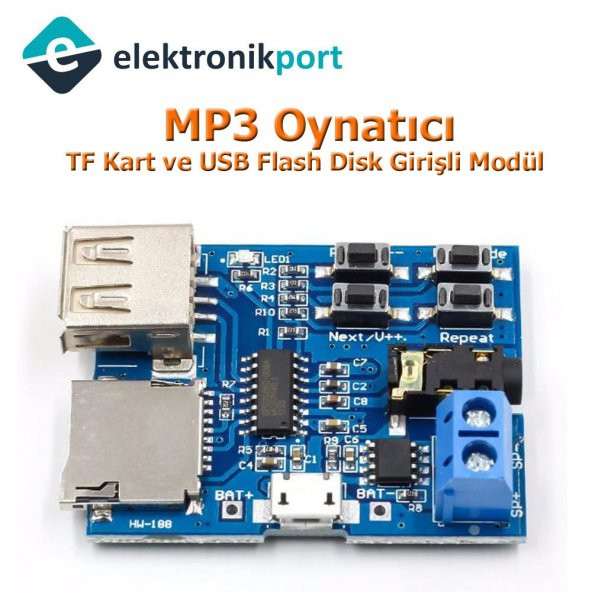 MP3 Oynatıcı TF Kart ve USB Flash Disk Girişli Modül (MP3 Formatı