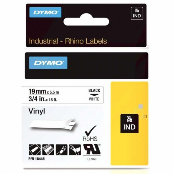 DYMO RhinoPRO Renkli Vinil Şerit 19mmx5,5m Beyaz/Siyah 18445