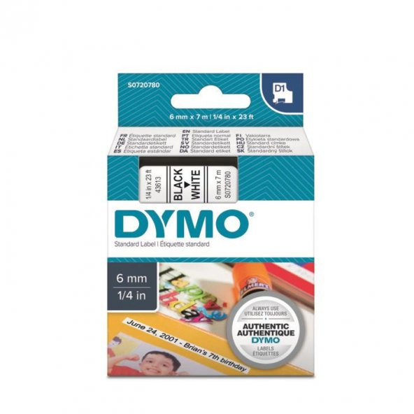 DYMO D1 Yedek Şerit Beyaz/Siyah 6mm x 7mt (43613) ürün görseli