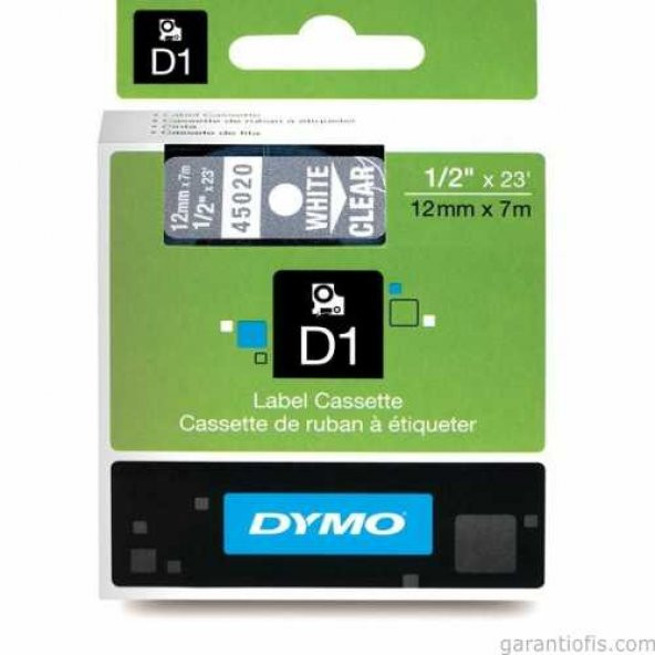 DYMO D1 Şeffaf/Beyaz Yedek Şerit 12mm x 7mt (45020)