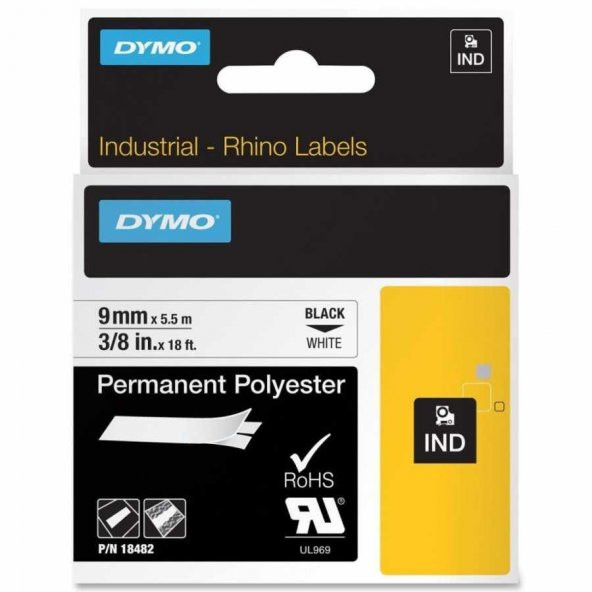 DYMO Rhino Pro Sabit Polyester Şerit 9mmx5,5m Beyaz/Siyah (18482) ürün görseli 1