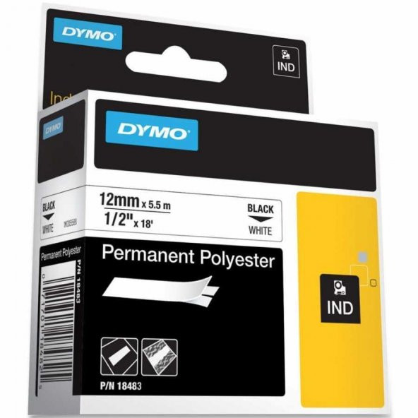 DYMO Rhino Pro Sabit Polyester Şerit 12mmx5,5m Beyaz/Siyah (18483)