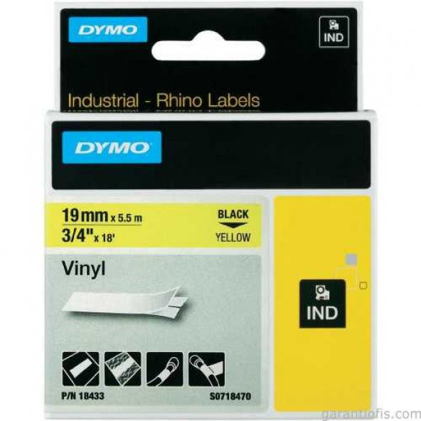 DYMO RhinoPRO Renkli Vinil Şerit 19mmx5,5m Sarı/Siyah 18433