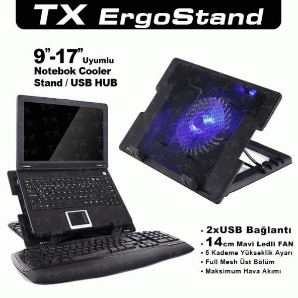 TX ACNBERGST  ErgoStand 14cm Led Fan'lı 5 KademeLİ 2xUsb 9"-17" Notebook Soğutucu-Stand