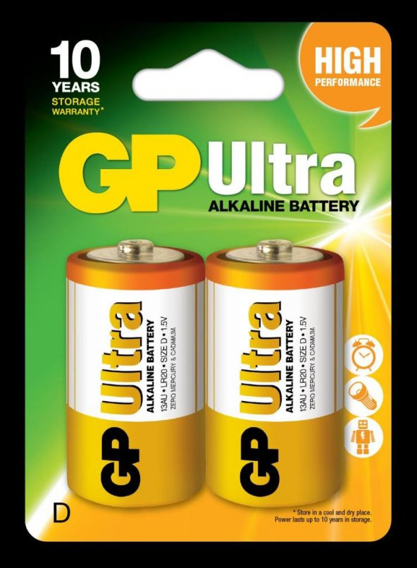 GP LR20 Büyük Boy Ultra Alkalin Pil 2'li Paket GP13AU-U2 D Boy