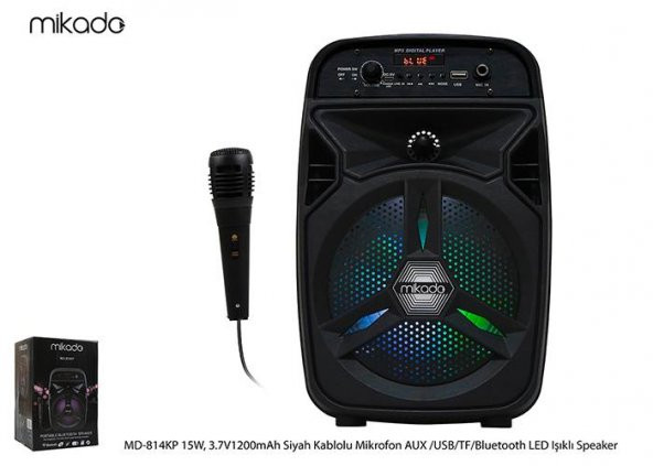 Mikado MD-814KP 15W,3.7V1200mAh Siyah Kablolu Mikrofon AUX -USB-TF-Bluetooth FM'li LED Işıklı Anfi