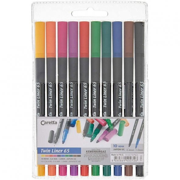 Caretta Twinliner Çift Uçlu Keçeli Kalem 0.4 MM-1.0 MM 10 LU Karışık Renk CT-65