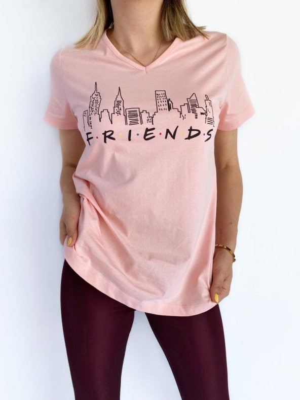 Kadın V Yaka Friends Baskılı Pembe Tshirt