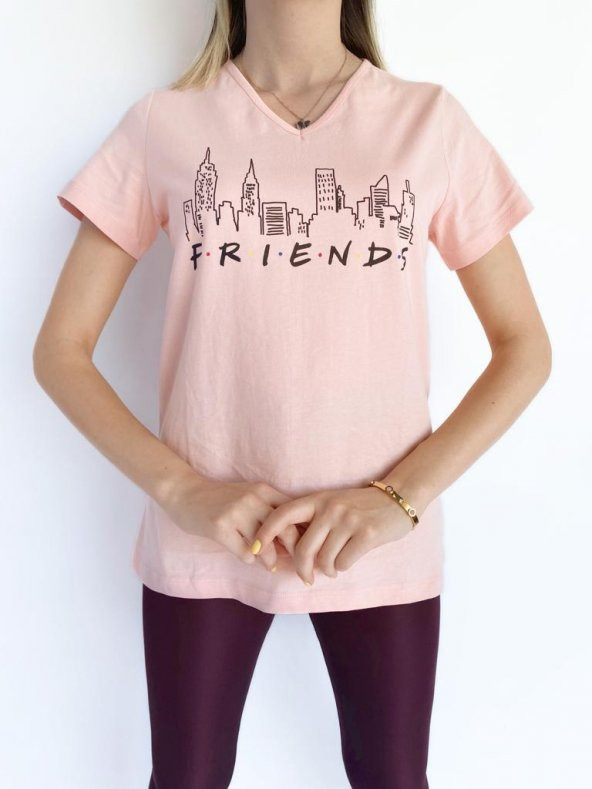 Kadın V Yaka Friends Baskılı Pembe Tshirt - 2