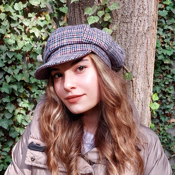 Kadın Kaptan Şapka Ekose Turuncu 7449