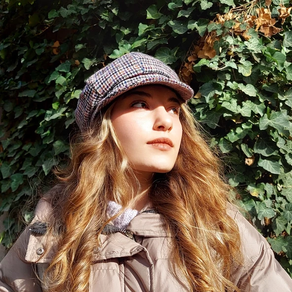 Kadın Kaptan Şapka Ekose Turuncu 7449 - 2