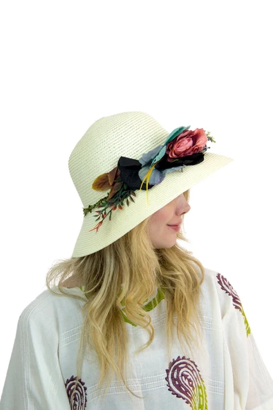 Çiçekli Hasır Kadın Şapka 3868 - Resim 2
