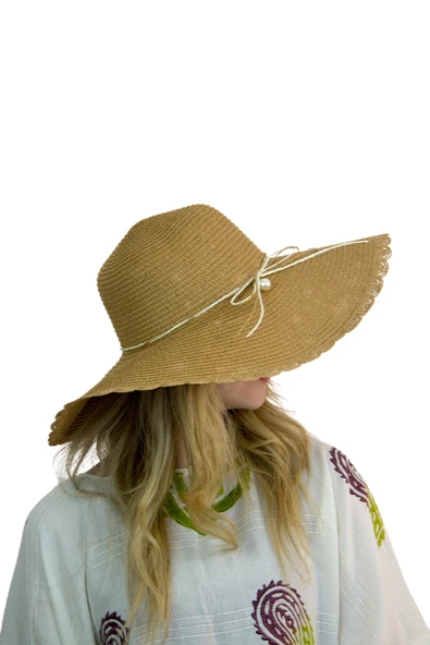 Kadın Geniş Kenarlı İncili Hasır Şapka 3871 - 3