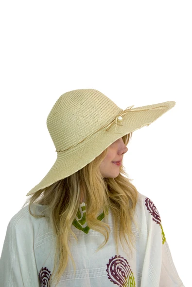 Kadın Geniş Kenarlı İncili Hasır Şapka 3871 - 5