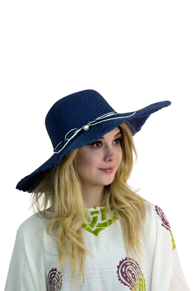 Kadın Geniş Kenarlı İncili Hasır Şapka 3871 - 7