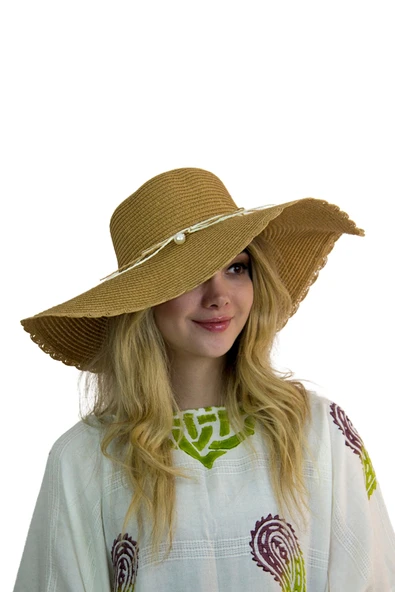 Kadın Geniş Kenarlı İncili Hasır Şapka 3871 - 4