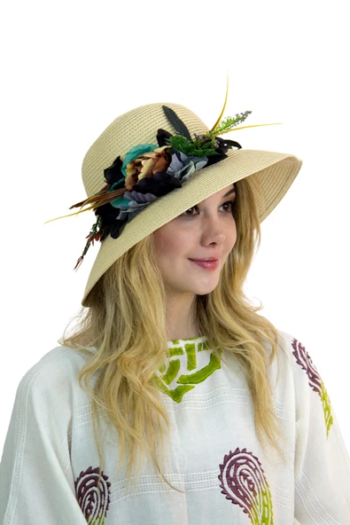 Çiçekli Hasır Kadın Şapka 3868 - Resim 3