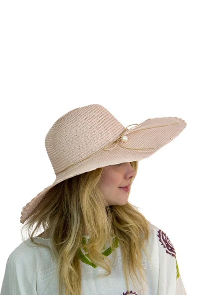 Kadın Geniş Kenarlı İncili Hasır Şapka 3871 - 2