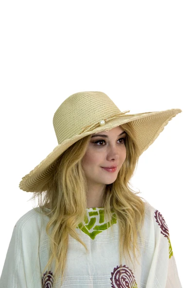 Kadın Geniş Kenarlı İncili Hasır Şapka 3871 - 6