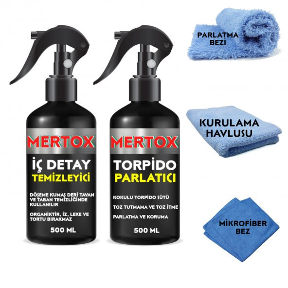 MERTOX ARAÇ ARABA OTOMOBİL OTO TEMİZLİK SETİ - İÇ DETAY TEMİZLEME SPREYİ + TORPİDO PARLATICI 2X500ML